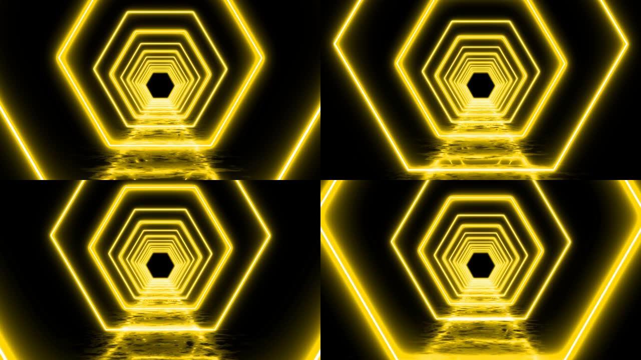 3D黄色几何形状环形背景走廊