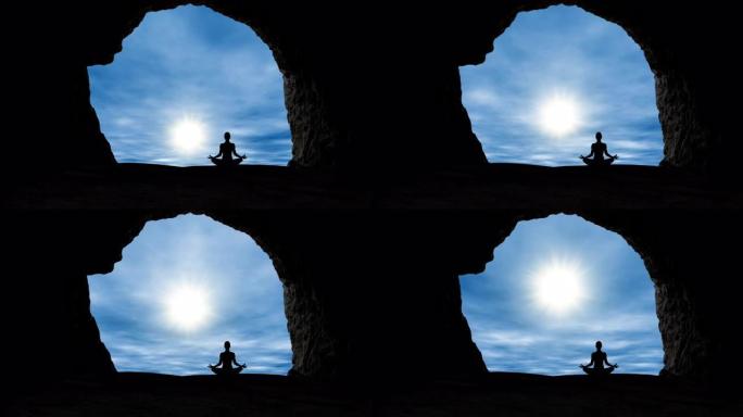 一名女性在洞穴入口处冥想的剪影，同时观看太阳升起