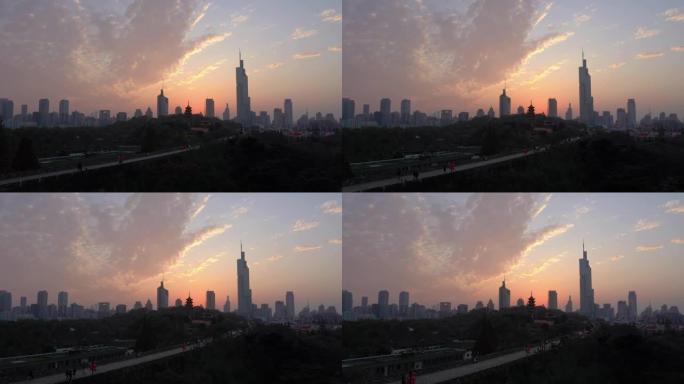 日落天空飞越南京城市景观著名步行墙航空全景4k中国