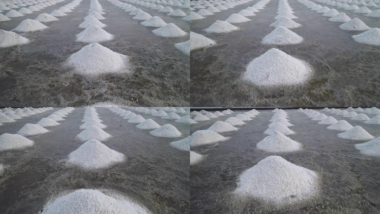 海盐、有机海盐蒸发和海水结晶的鸟瞰图白色金字塔