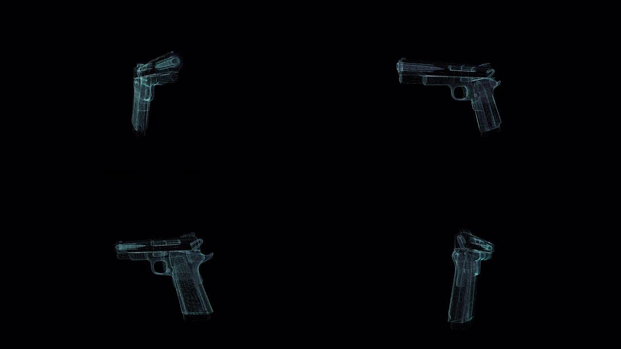 枪全息线框。黑色背景上的漂亮3D动画，未来项目的无缝循环