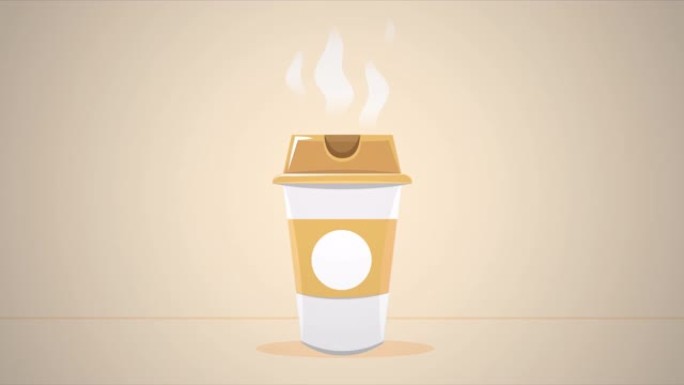 咖啡屋或咖啡馆用纸杯热咖啡，带盖和蒸汽，没有徽标。在框架的中央，米色背景。2d动画、卡通、视频剪辑