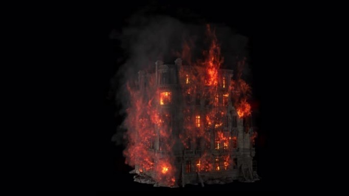 燃烧的建筑。老房子的所有地板都着火了。使用alpha通道循环VFX动画。