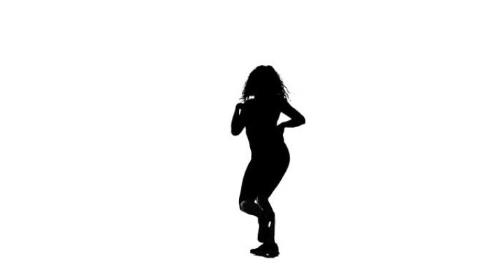 白色背景上的黑色剪影，年轻漂亮的女人跳舞舞厅，街舞，twerk