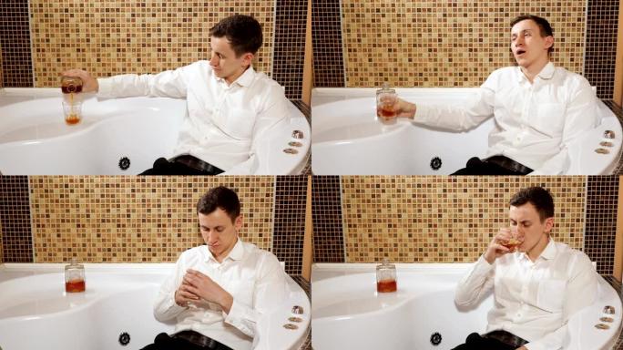 穿着裤子和衬衫的男人躺在浴缸里喝酒