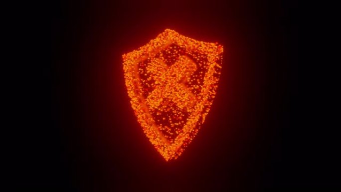 盾牌自旋符号和符号发光未来派粒子3D渲染立方体多边形图案，防火墙防病毒网络技术概念设计黑色背景动画4