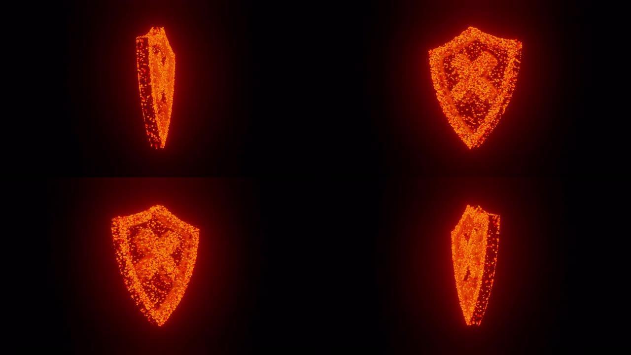 盾牌自旋符号和符号发光未来派粒子3D渲染立方体多边形图案，防火墙防病毒网络技术概念设计黑色背景动画4