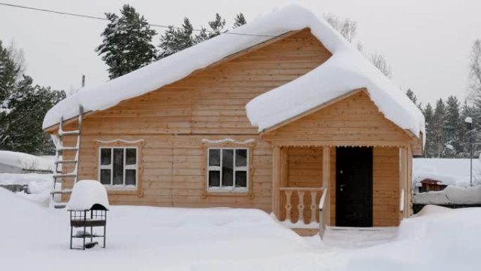 冬季景观。位于西伯利亚的俄罗斯村庄被雪覆盖的木屋的外观。俄罗斯