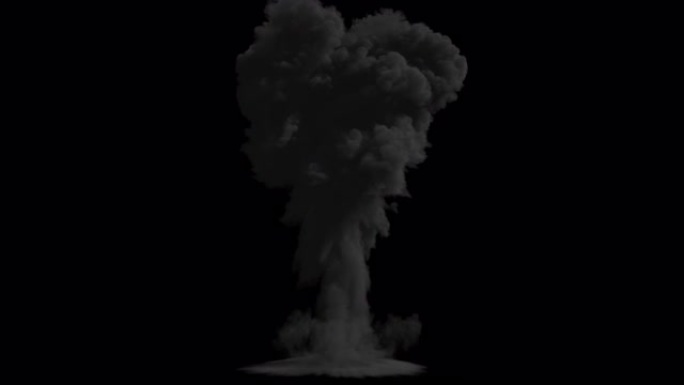 带有浓浓的黑烟的核爆炸，带有alpha通道的孤立黑色背景上的爆炸，火和燃料的爆炸，真实气体的巨大爆炸