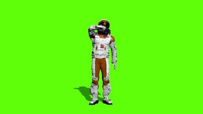 宇航员在绿色屏幕上挥舞着他的手。科幻宇航员问候。未来殖民和太空探索概念。3d渲染。