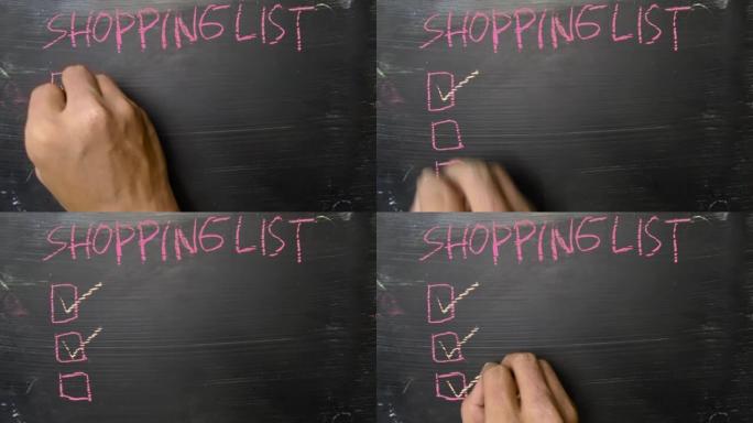 购物清单!用彩色粉笔书写。由附加服务支持。黑板概念