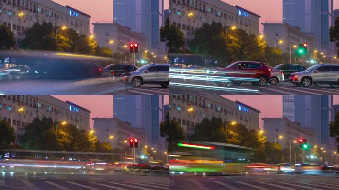 长沙市市中心日落黄昏照明著名交通街全景延时4k中国
