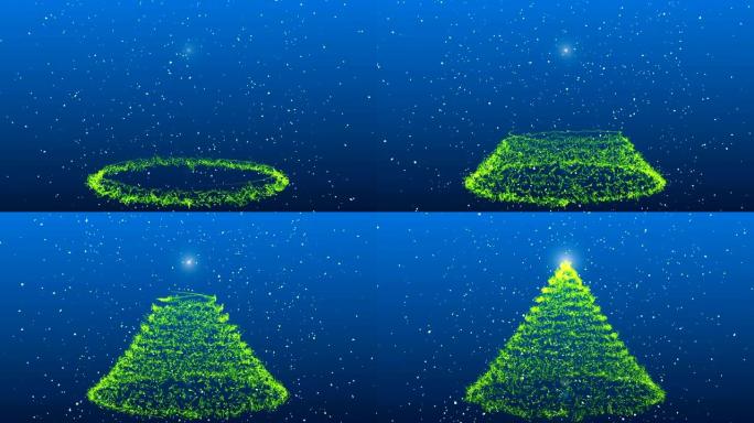 绿色动画圣诞树雪落在蓝色背景下