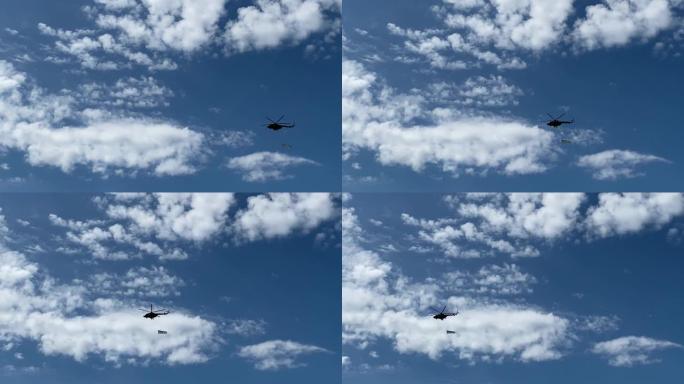 2020年5月7日-白俄罗斯，明斯克-军用直升机在天空中飞行，在冠状病毒大流行期间排练5月9日胜利日