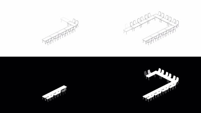 会议室设置布局配置u型风格，白色背景动画4K上的3D虚拟等距概念设计插图，带哑光阿尔法通道的复制空间