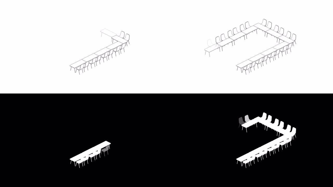 会议室设置布局配置u型风格，白色背景动画4K上的3D虚拟等距概念设计插图，带哑光阿尔法通道的复制空间