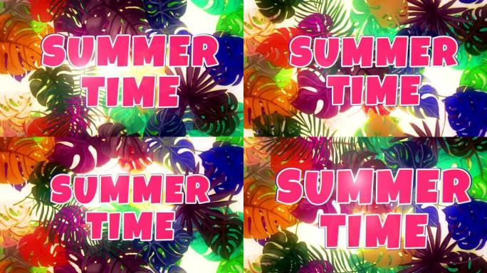 背景上的夏时字与手绘水彩热带棕榈叶。无缝循环4k镜头。