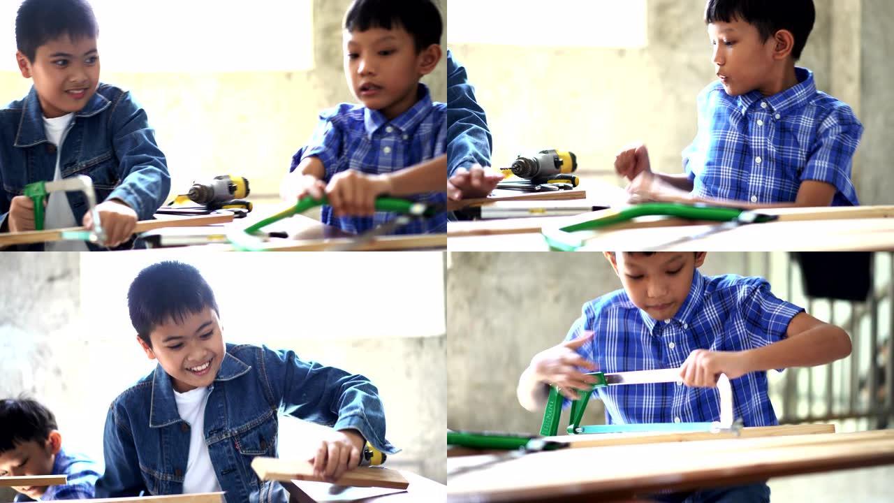 一群亚洲年轻学生在教室里，在学校学习木工。