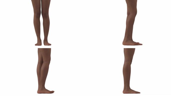 左转弯的修身女性腿的特写。孤立，在白色背景上