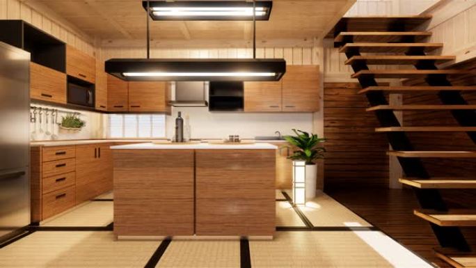 厨房房间日本风格。3d渲染