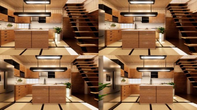 厨房房间日本风格。3d渲染