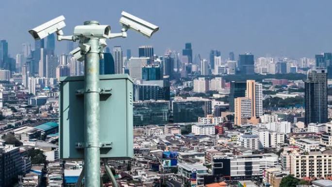安全摄像头和曼谷城市景观，室外背景