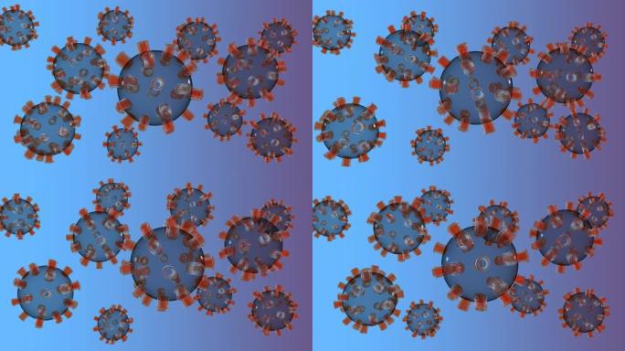 SARS-COV2 (COVID19) 冠状病毒悬浮在空气中的颗粒在无限无缝循环中的3d渲染。