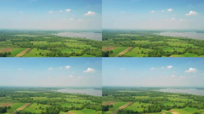 克罗地亚Lonjsko polje自然公园，从空气、全景、农田和春季洪水泛滥