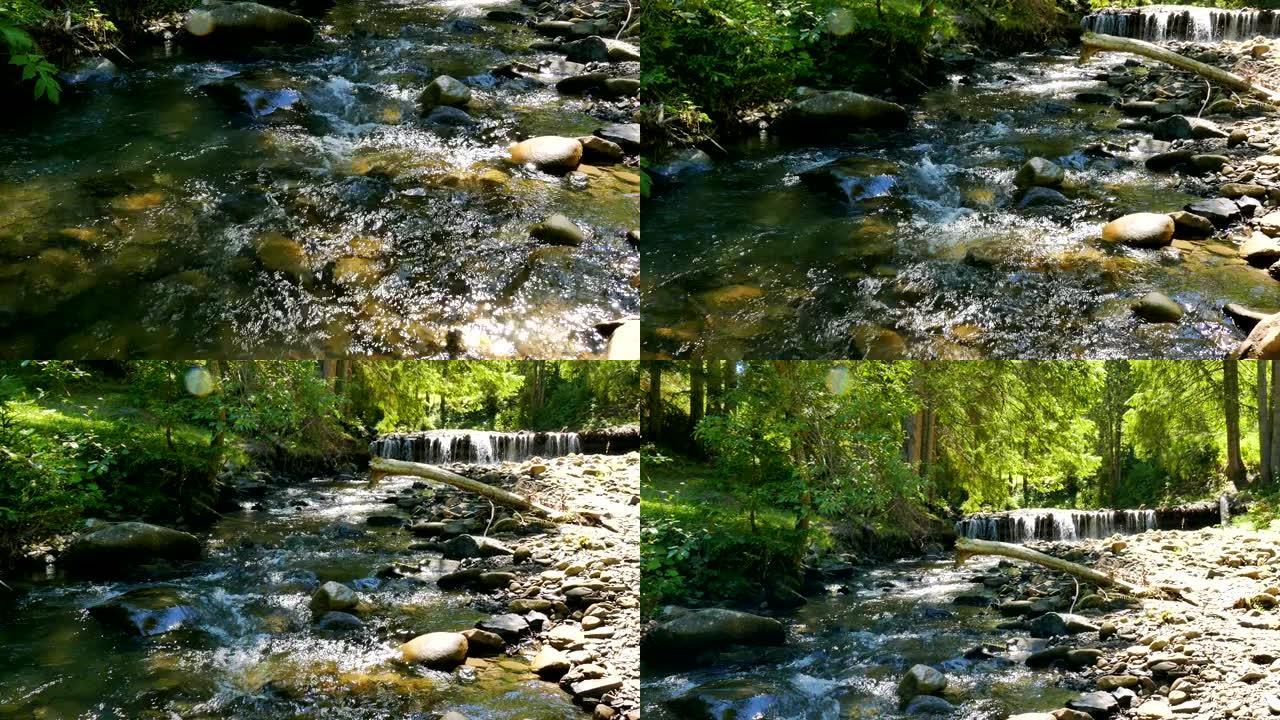 4K.山溪，带瀑布的树林河。全景