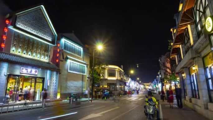 杭州市夜间照明著名购物交通街侧全景延时4k中国
