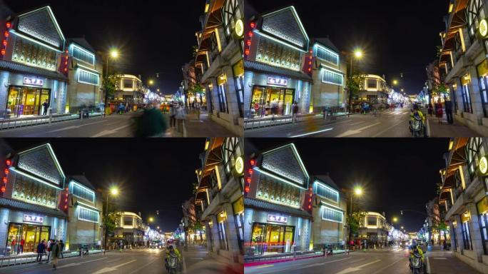 杭州市夜间照明著名购物交通街侧全景延时4k中国