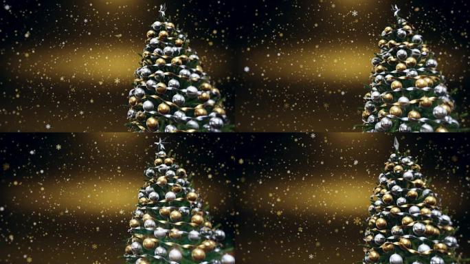 带有闪亮灯光和金色背景循环的圣诞树