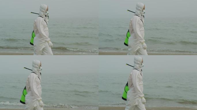 研究人员穿着防护服和口罩在放射性区域行走
