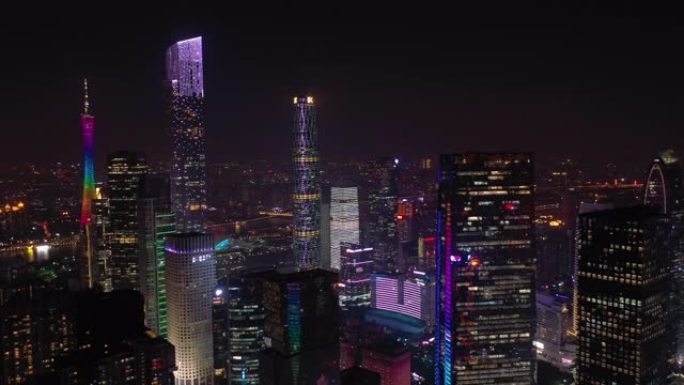 夜间照明广州市市中心海湾区航空全景4k中国
