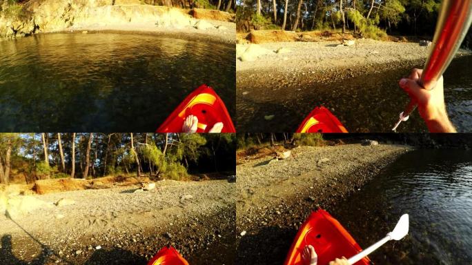 第一人称视角独木舟在白天在Gunluklu海滩穿越海岸。到达并停车到土地。费蒂耶·穆格拉火鸡