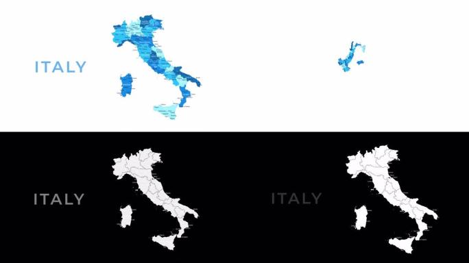 意大利地图-运动图形卡通动画镜头。4k分辨率视频。包括透明阿尔法通道。白色背景