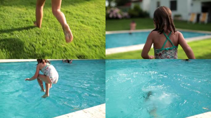 小女孩跑进游泳池水中跳跃
