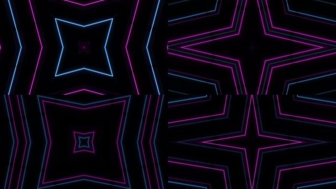 黑色背景上的抽象风格80年代科幻浅霓虹灯框架。激光表演循环动画。4k视频