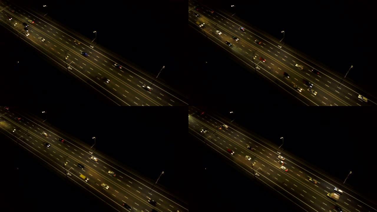 4k天线。城市高速公路，道路。夜城交通，对角线场景，顶视图