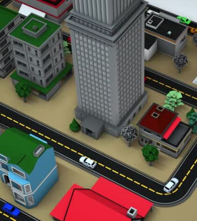 垂直视频等距3D城市场景和汽车交通。街道上的汽车交通3d动画