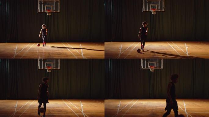 少年卷毛篮球运动员打拼花将球丢进篮筐夜间黑暗训练训练