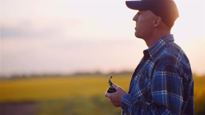 成功的现代农民在田间抽烟斗时会检查农作物。