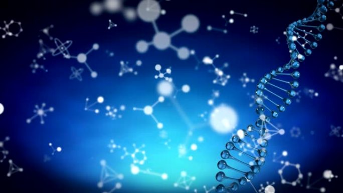 蓝色背景上漂浮的多分子和化学元素和DNA菌株的动画