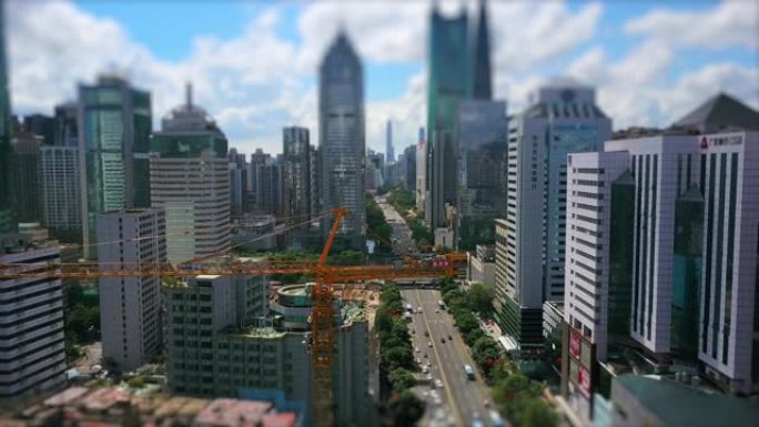 晴天深圳城市交通道路建设起重机空中全景4k倾斜移位中国