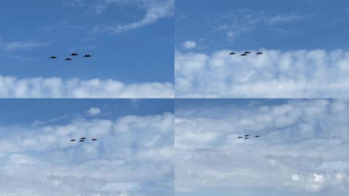 2020年5月7日-白俄罗斯，明斯克-军用飞机在天空中飞行，在冠状病毒大流行期间排练5月9日胜利日游