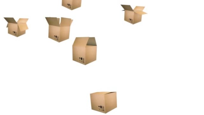 3d动画: 循环背景，有许多飞行的打开的棕色纸板箱，它们在旅途中关闭。食品和货物的快递业务。