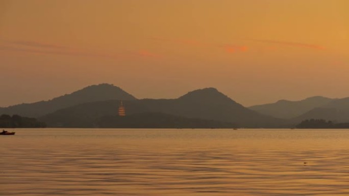 日落时间杭州市著名的湖山湾延时全景4k中国