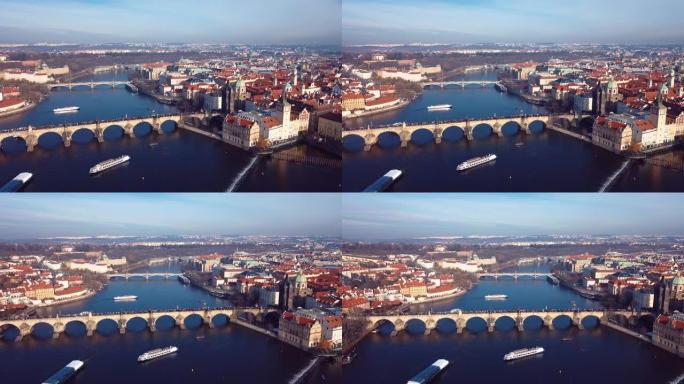 捷克布拉格横穿伏尔塔瓦河的查理大桥鸟瞰图的4k镜头