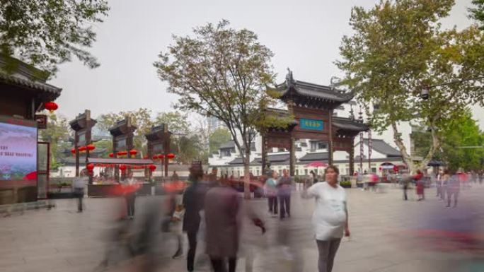 南京名城古城拥挤旅游街寺庙广场延时全景4k中国
