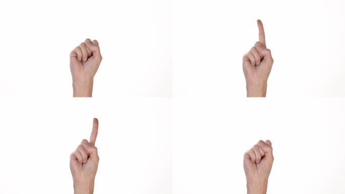 一个人在孤立的白色背景上的手显示出一根否认的手指。插入文本或背景的地方。白色背景上一个人的手的情绪。